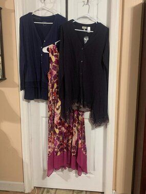 LOGO lot of 3; 1 dark purple cardigan; 1 navy blue cardigan; 1 dress
